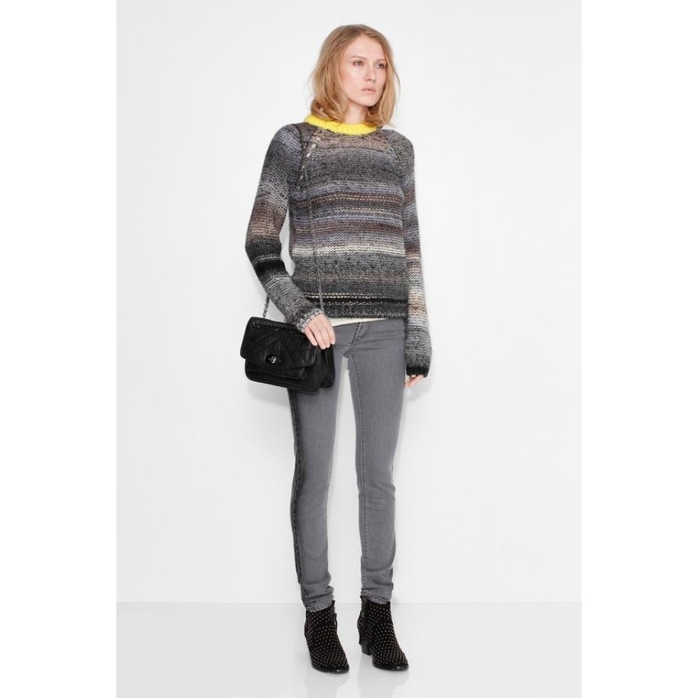 Zadig & Voltaire Grey Multi-Striped Knit Sweater with Yellow Trim